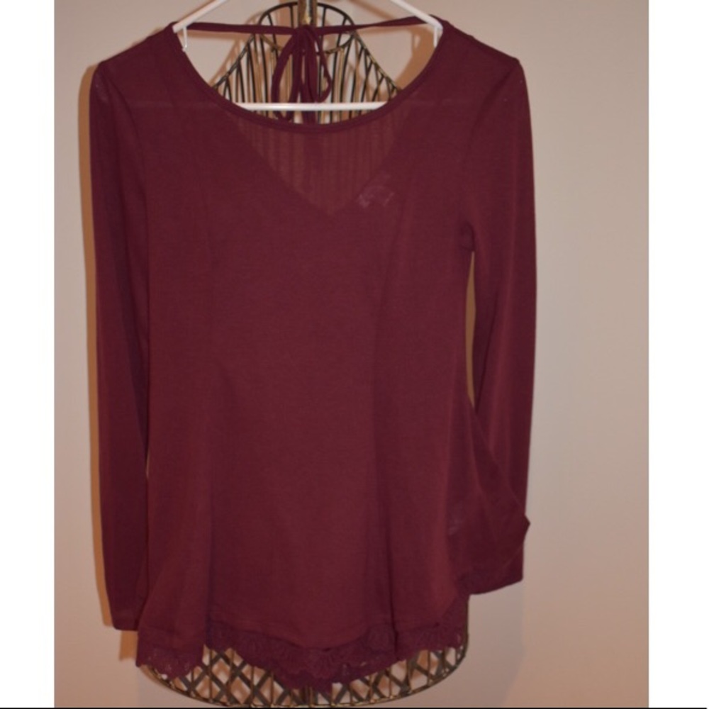 Burgundy Tie Back Top With Lace Detail